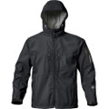 Black 3-layer softshell jacket with structured hood, centre zip, zippered chest and sleeve pockets