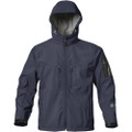 Charcoal grey waterproof softshell jacket with hood, front zip closure, chest pockets and sleeve utility pocket