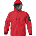 Red hooded softshell jacket with charcoal lining, chest pockets and sleeve utility pocket with contrast zippers