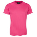 Kids hot pink crew neck short sleeve polyester sports tee, smooth flat front panel, packshot