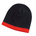 Black knit beanie with contrasting red band at hem