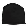 Black knit beanie with ribbed hem and smooth crown panel, packshot on white background