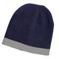 Navy knit beanie with contrast silver-grey stripe along the brim, flat lay packshot