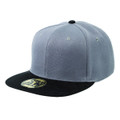 Two-tone snapback cap with heather grey crown and black contrast peak and button