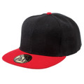 Black snapback cap with red flat peak and contrasting colour panels