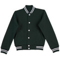 Forest green fleece varsity jacket with white striped collar, cuffs and hem, white snap buttons and front pockets