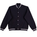 Navy fleece varsity jacket with white striped collar, cuffs and hem, featuring white snap buttons down the front