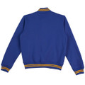 Royal blue fleece varsity jacket with gold and white striped collar and cuffs, back view
