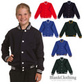 Child wearing black snap-button varsity jacket with white stripe rib collar and cuffs, six colour options shown