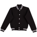 Black varsity jacket with white striped collar and cuffs, contrast white snap buttons, front pockets