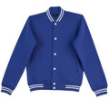 Royal blue varsity jacket with white striped collar and cuffs, white snap buttons, front pockets