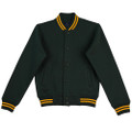 Bottle green varsity jacket with gold and black rib-knit collar, cuffs and hem, snap button front, side pockets