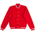 Red varsity jacket with white striped collar and cuffs, white snap buttons, side pockets