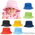Kids bucket hats in pale pink, royal blue, lime green, black, golden yellow, navy, red and sky blue twill fabric