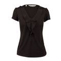 Black short sleeve women's top with V-neckline and cascading ruffle front detail