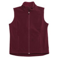Maroon softshell vest with full zip closure and side pockets, flat lay on white background