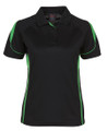 Black and kelly green contrast panel women's polo shirt with three-button placket and short sleeves