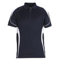 Navy polo shirt with white contrast panels on sides and sleeve piping detail