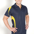 Man wearing navy and gold contrast panel quick dry polo shirt with curved side inserts and button placket