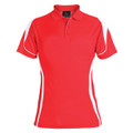 Bright red ladies polo shirt with white contrast side panels and sleeve piping detail