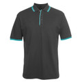 Charcoal grey polo shirt with teal contrast tipping on collar, cuffs and placket
