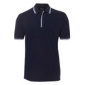 Navy polo shirt with white contrast tipping on collar and sleeves featuring button placket