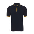 Navy polo shirt with gold contrast trim on collar, placket and sleeves