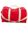 Red canvas duffel bag with natural beige contrast handles and adjustable shoulder strap