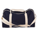 Navy canvas duffle bag with natural contrast handles and adjustable shoulder strap