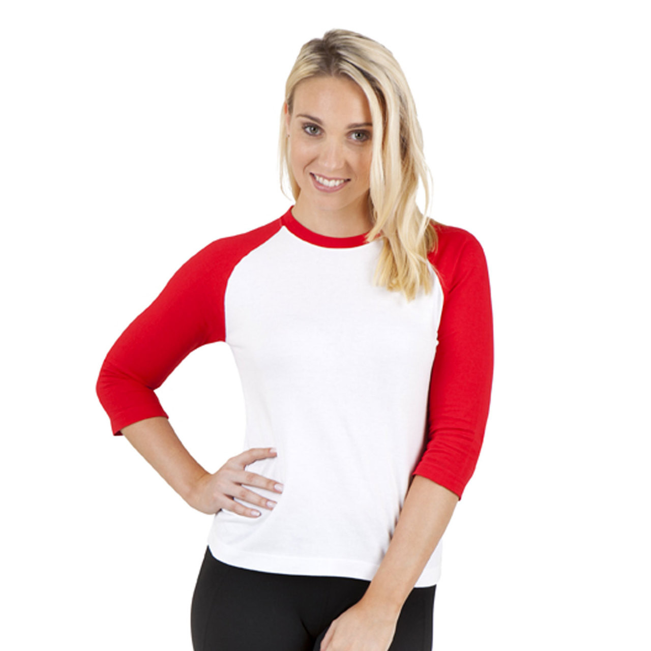 Women's Raglan Baseball Tee - 3/4 Sleeve Patchwork Print Blouse, Casual Round Neck Top (Red)