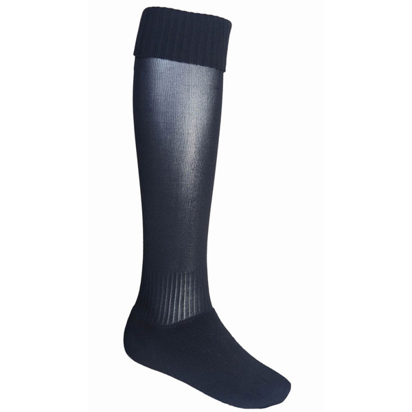 Navy knee-high sport socks with ribbed cuff and reinforced sole, packshot on form