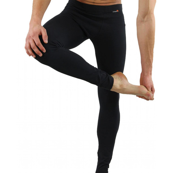 Black compression leggings with wide elasticated waistband and small orange logo detail