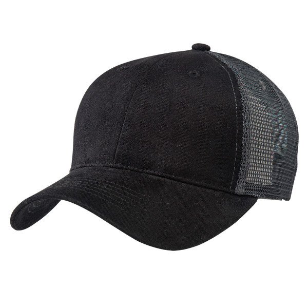 Black trucker cap with solid cotton front panels and mesh back for decoration