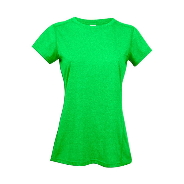 Women's fitted heather kelly green crew neck tee with short sleeves, flat lay packshot