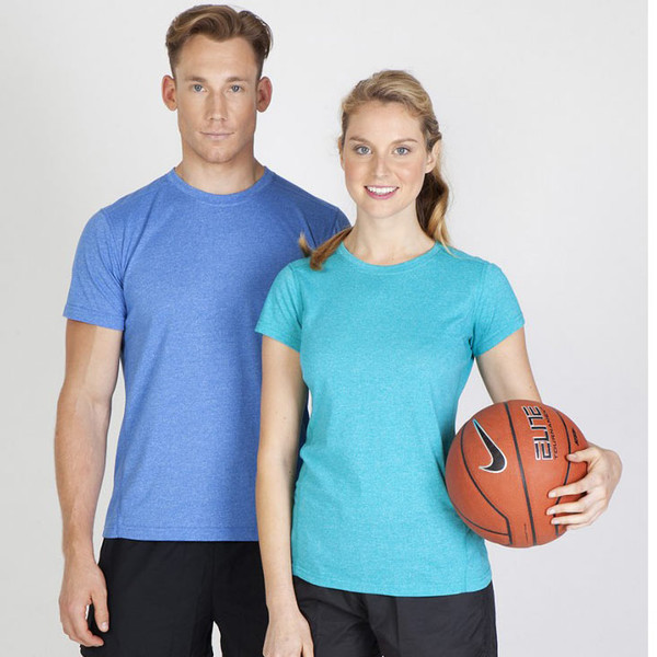 Woman wearing heather turquoise crew neck t-shirt with man in heather blue tee, showcasing fitted styling