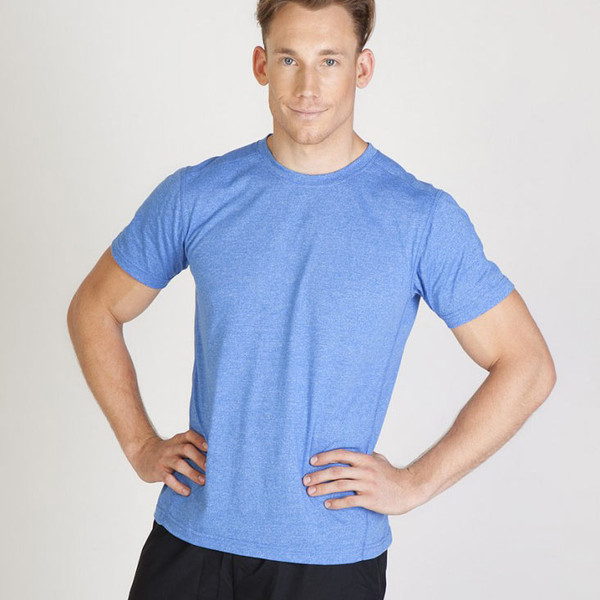 Heather blue crew neck t-shirt with short sleeves on male model
