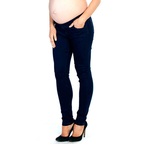 Navy blue maternity slim leggings with supportive elastic waistband panel