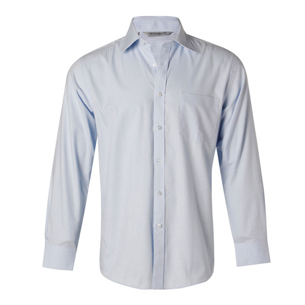 Light blue Oxford weave long sleeve shirt with chest pocket and button-down collar