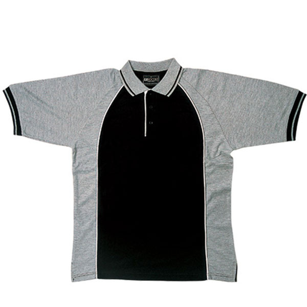 Black body polo with grey marle raglan sleeves and contrast striped sleeve cuffs