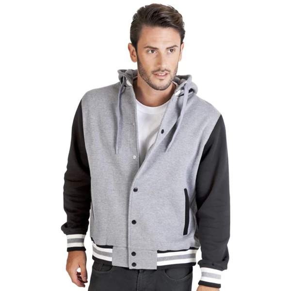 Grey marle body with black sleeves varsity jacket featuring white striped trim and hood with drawcord
