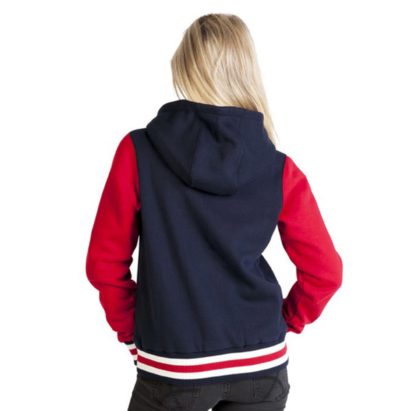 Navy and red varsity jacket with hood shown from back, featuring white striped ribbed hem and contrasting colour sleeves