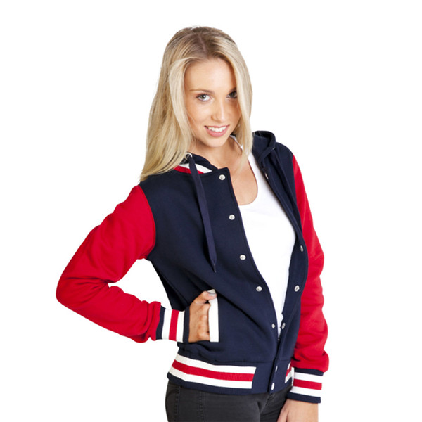 Navy varsity jacket with red sleeves, white striped trim, snap buttons, and hood with contrast colour lining