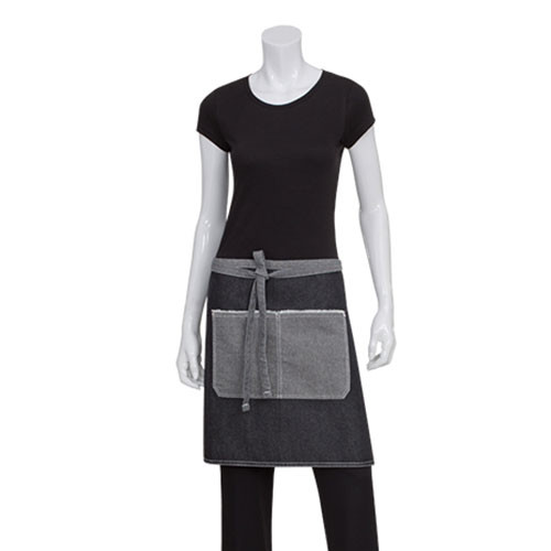 Grey denim half waist apron with contrast charcoal panel and front pocket with zipper detail