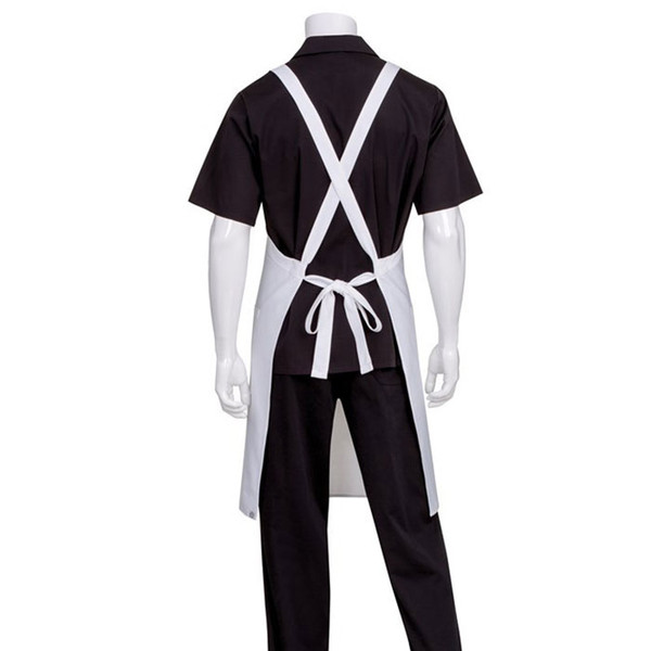 Black crossover back bib apron with white contrasting straps and ties, rear view showing X-back design