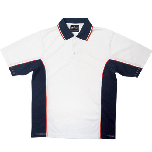 White polo shirt with navy contrast side panels, collar with red piping, and short sleeves