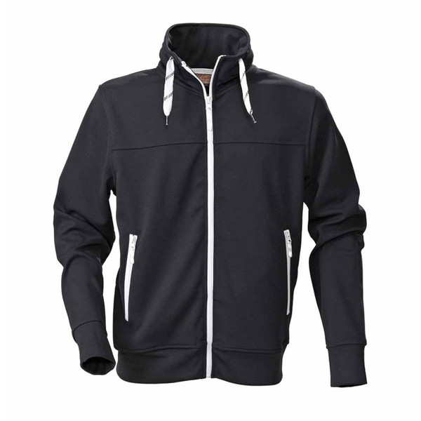 Charcoal zip-up jacket with white contrast drawstrings and zipper tape, ribbed cuffs and hem