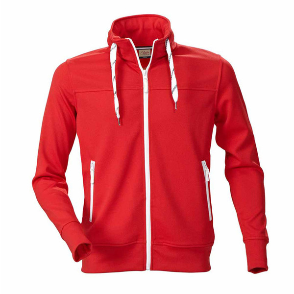 Red zip-up jacket with white contrast drawstrings, zipper tape and pocket trims featuring chest and side pockets