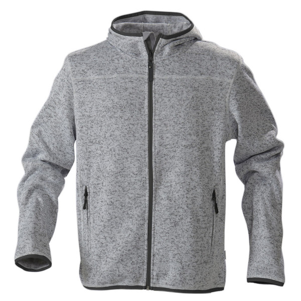 Grey marle knit fleece hooded jacket with full zip and contrasting charcoal trim