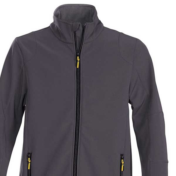 Charcoal grey softshell jacket with full zip and yellow zipper pullers