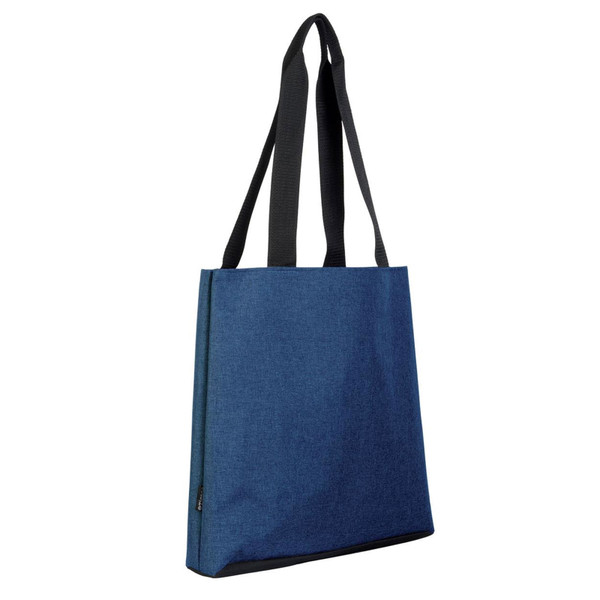 Navy blue tote bag with contrasting black handles and side gussets shown at an angle